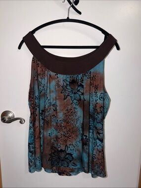 Cato Brown and Teal Floral Scoop Neck Tank Top